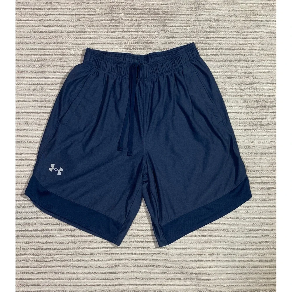 Under Armour Mens Navy Blue Training Shorts Loose Fit Mesh Hem Size Medium